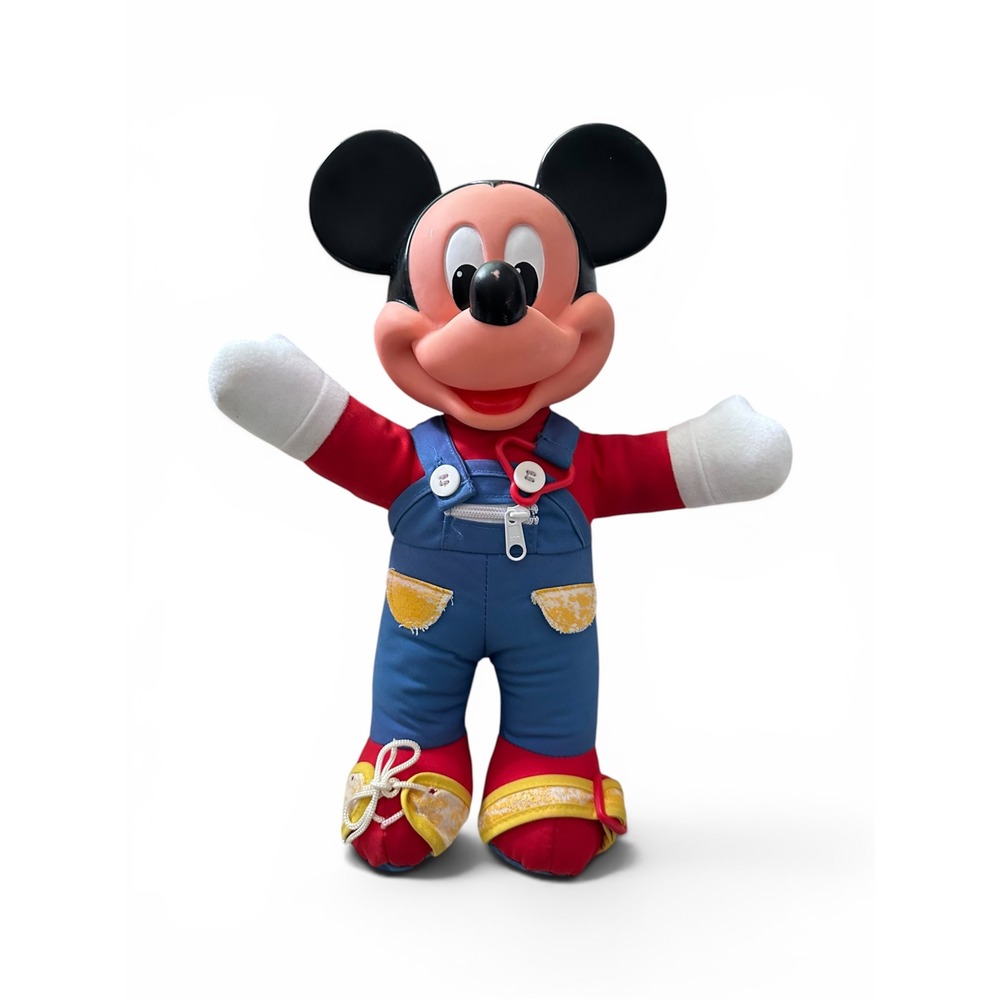 Vintage Mattel Disney Mickey Mouse Plush Toy Overalls Shoe Laces Learning Toy